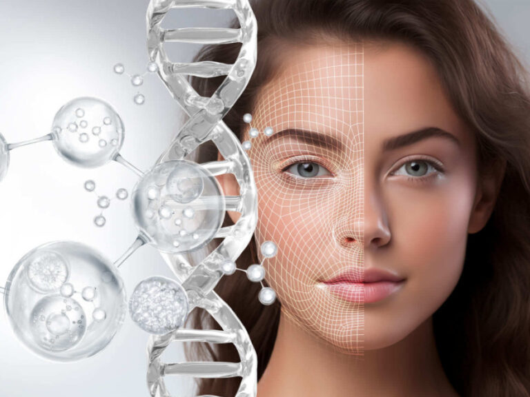 Femme à la peau éclatante testant un sérum innovant aux exosomes.